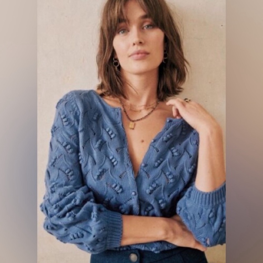 Sezane Blue Textured Knit Cardigan